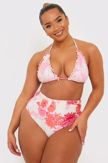 Floral Print Frill Triangle Bikini Top